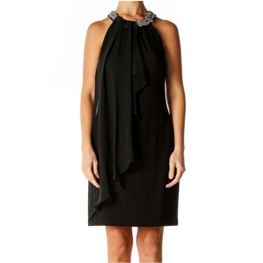 Adrianna Papell Black Sleeveless Rhinestone Halter Drape Front Dress Size 4 NWT